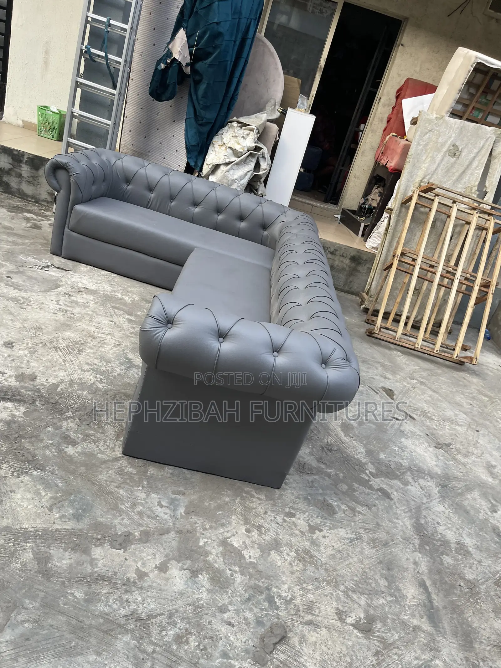 Grey Leather Chesterfield Sofa