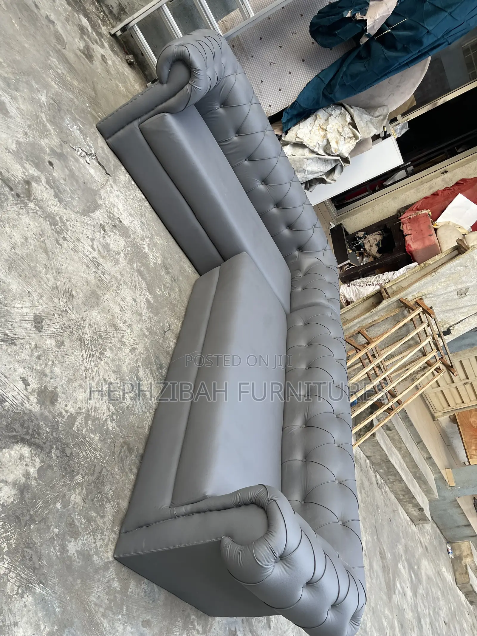 Grey Leather Chesterfield Sofa