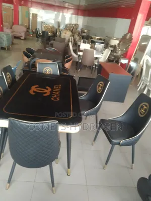 Luxury Branded Black Gold Marble Top Dining Table Set + 6 Chairs