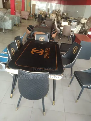 Luxury Branded Black Gold Marble Top Dining Table Set + 6 Chairs