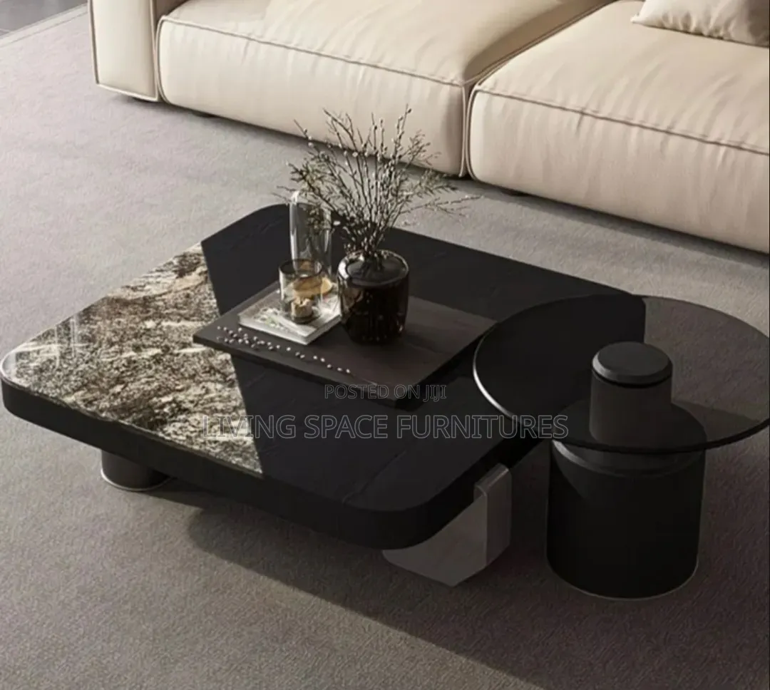 Contemporary Marble/Wood Top Center Table Set