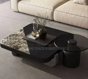 Contemporary Marble/Wood Top Center Table Set