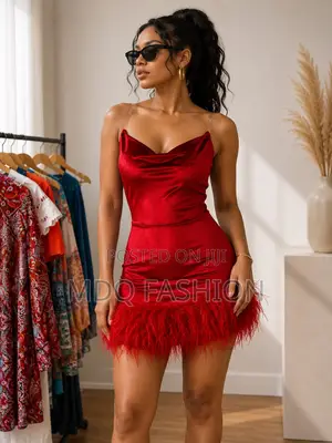 Red Velvet Feather Trim Party Dress
