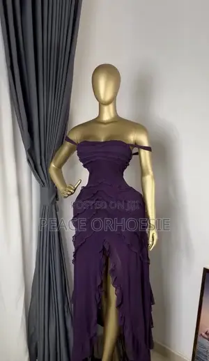 Elegant Purple Ruffle Evening Gown – Off-Shoulder Slit Dress