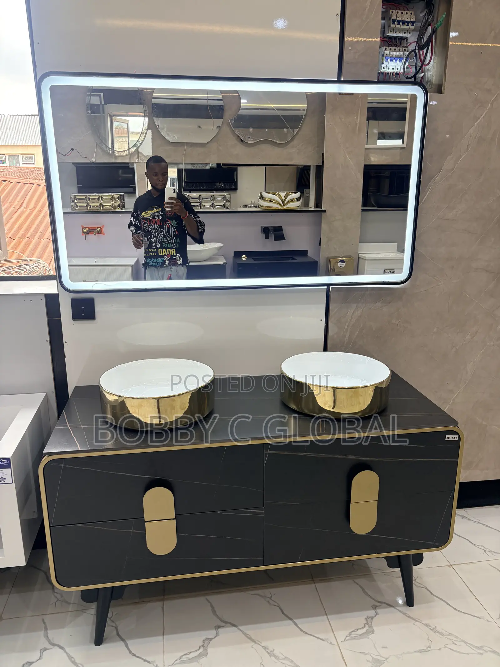 Luxury Double Basin Vanity Set With LED Mirror – Black Gold