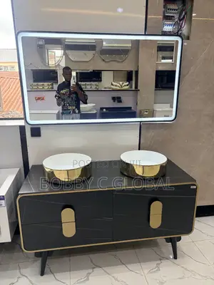 Luxury Double Basin Vanity Set With LED Mirror – Black Gold