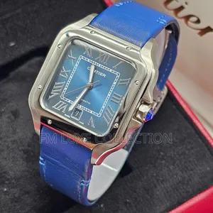 Cartier Santos Blue Dial Leather Wristwatch