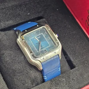 Cartier Santos Blue Dial Leather Wristwatch