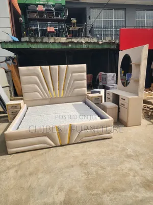 6by6 Cream Coloured Bed With Side Drawers and Vanity Table