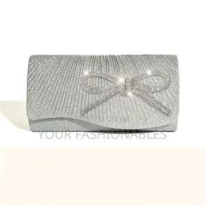 Glittery Silver Pleats Bow Clutch Purse
