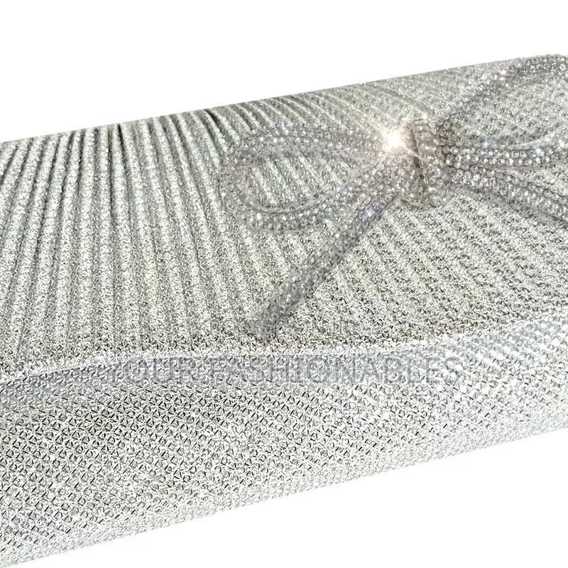 Glittery Silver Pleats Bow Clutch Purse