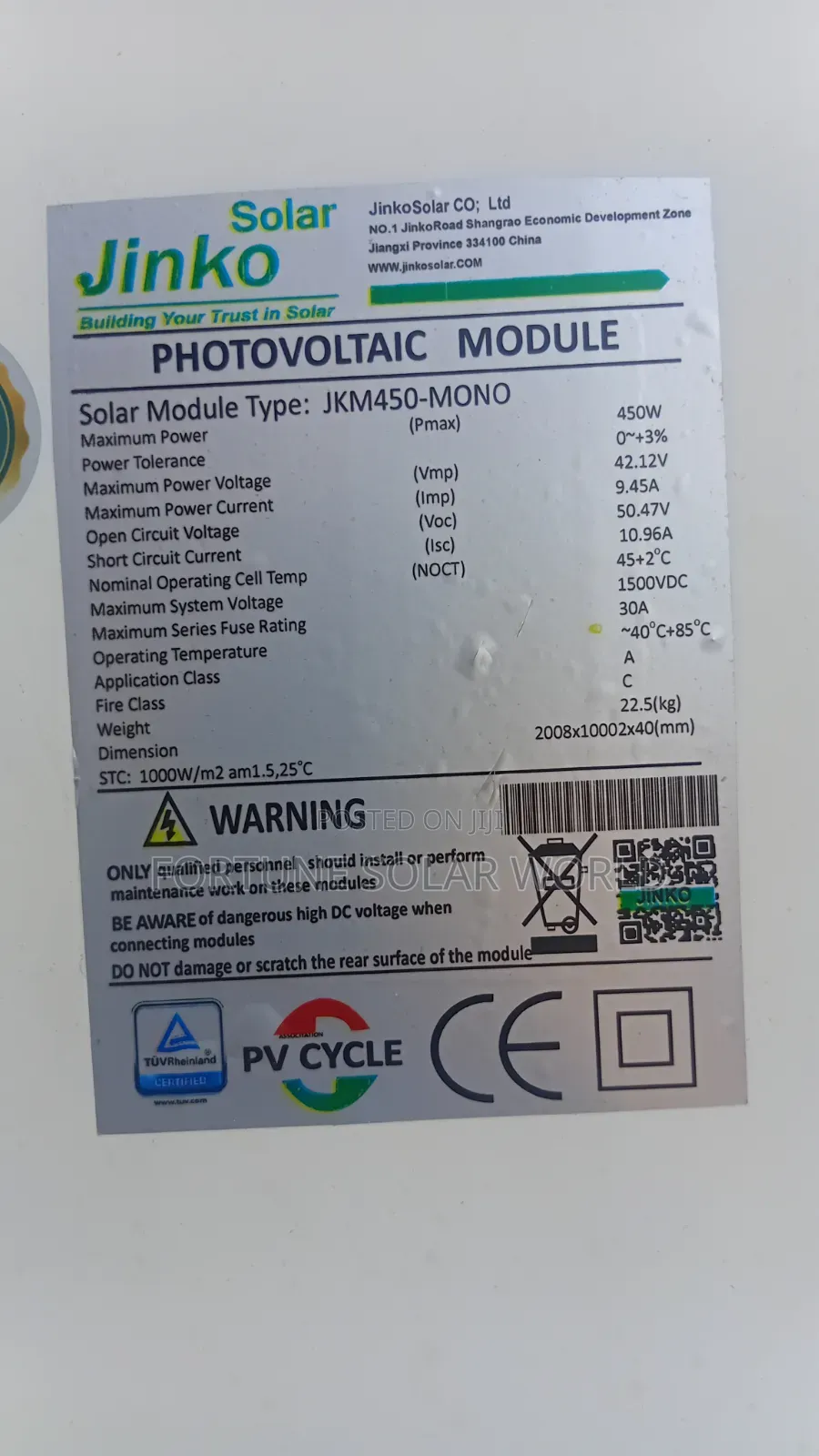 450watts Jinko Solar Mono Panel