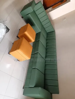 Green L-Shape Sectional Sofa With 2 Mustard-Yellow Ottomans