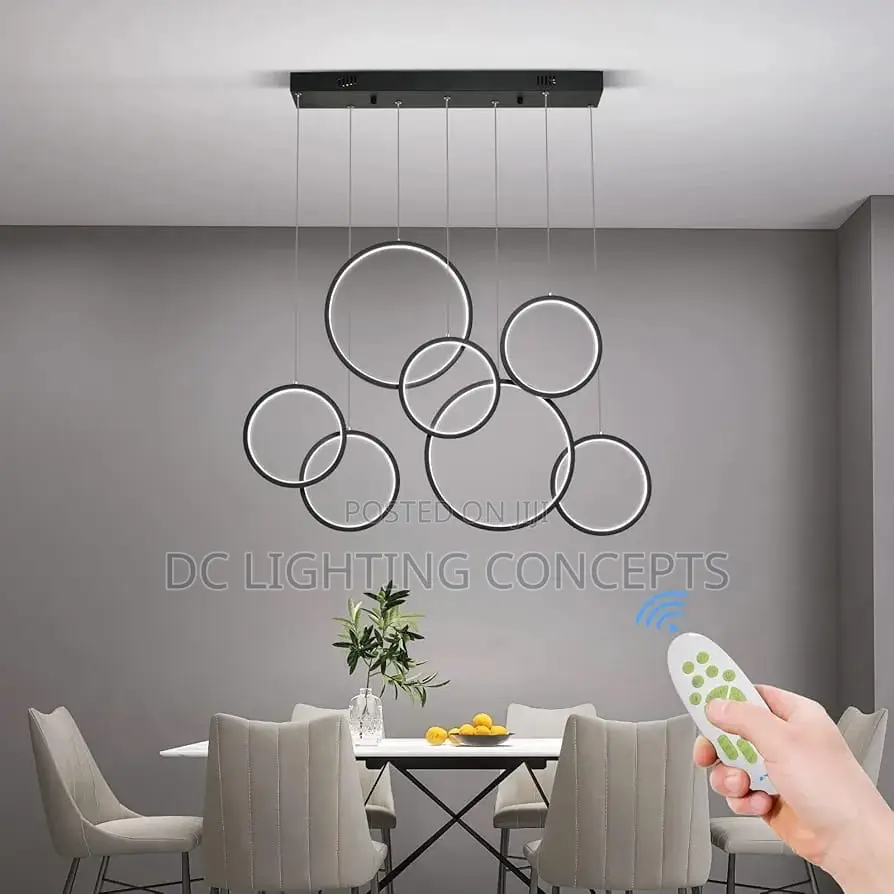 Modern Simple Black 7-Rings Dining Room Chandelier With Remote Control