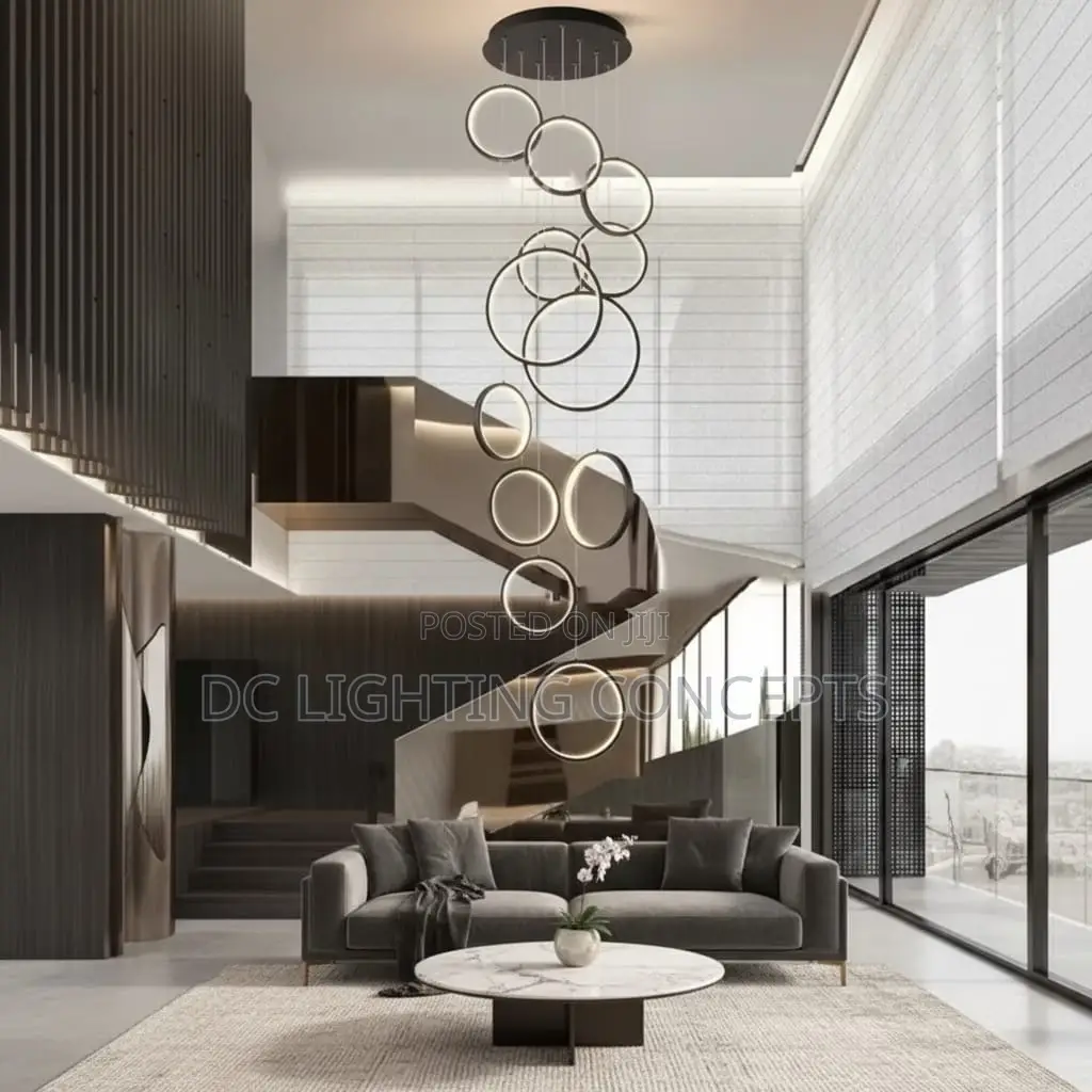 Modern Black 12-Rings Drop Pendant Light With Remote Control.