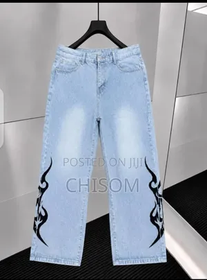 Light Blue Graphic Baggy Jeans – Black Flame Design