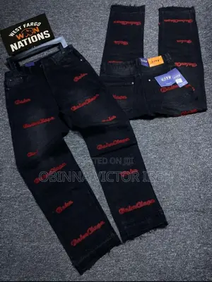 Black Denim Jeans With Red Balenciaga Print