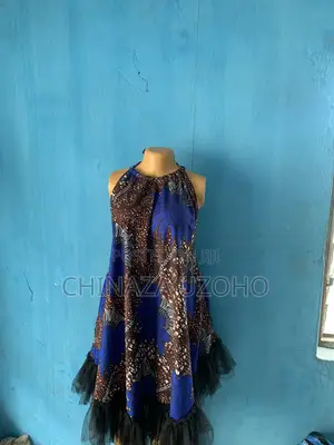 Blue Ankara Backless Halter Neck Flare Gown