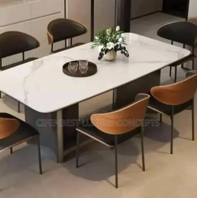 Dining Table Marble Rectangle Top and 6 Chairs