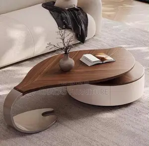 Luxury Leaf-Shaped Wooden Center Table With Curved Metallic Stand