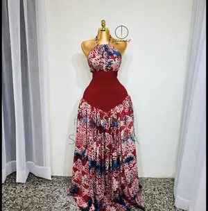 Elegant Halter Neck Maxi Dress – Red Multicolor