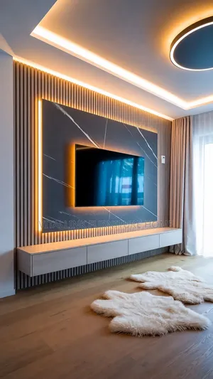 Luxury Fluted Wood Marble TV Wall With LED Floating Console