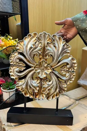 Premium Antique Gold Floral Medallion Decor With Black Stand
