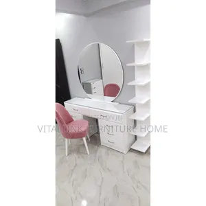 Luxury White Vanity Set With Round Mirror, Chair Shelves