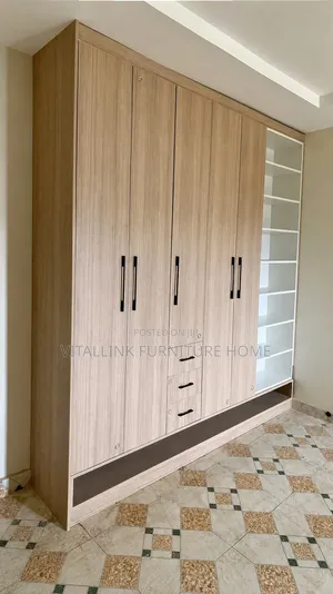Large Light Wood Wardrobe With Display Shelves Drawers