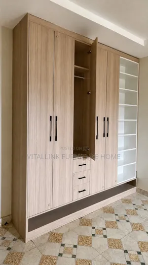 Large Light Wood Wardrobe With Display Shelves Drawers