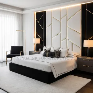 Luxury Modern Bed With Geometric Wall Panel LED Lighting