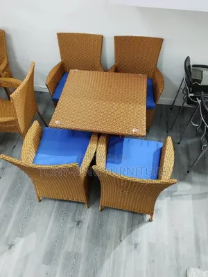 Brown Woven Rattan Patio Dining Set Square Table by 4-Seater