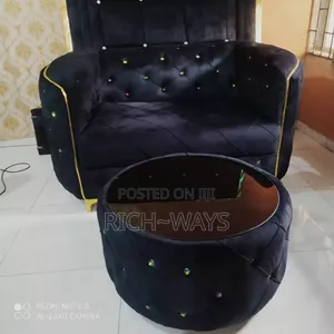 Luxury Black Velvet 2 Seater Chair + Round Glass Center Table