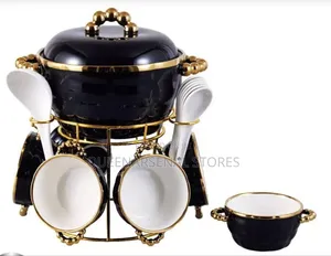 Luxury Gold Ceramic Soup Pot With Soup Bowls Spoons