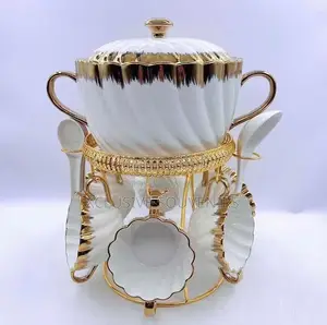 Luxury Gold Ceramic Soup Pot With Soup Bowls and Spoons