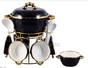 Luxury Gold Ceramic Soup Pot With Soup Bowls Spoons 