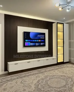 Luxury Modern TV Wall Unit With Fluted Panel Marble Design