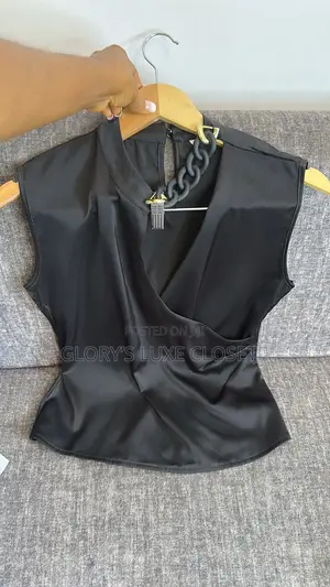 Black Satin Cowl-Neck Sleeveless Top With a Draped/Wrap-Style Front.