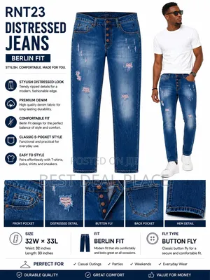 RNT23 Men's Distressed Jeans – Berlin Fit, 32W 33L Genuine UK Import