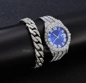 2 in 1 Men’s Watch With Bracelet Cuban Chain Set -Silver