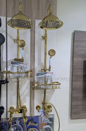 Gold Standing Shower Mixer Set With Storage Shelf