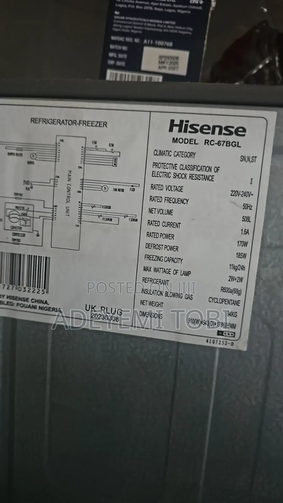 Hisense Refridgerator - Freezer (Model: RC-67BGL)
