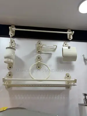 White and Gold Complete Toilet Accessories Set