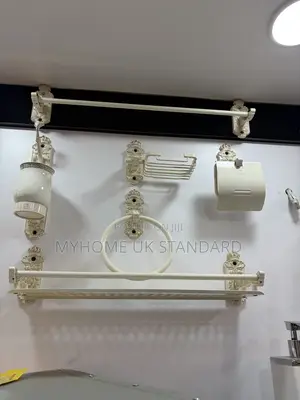 White and Gold Complete Toilet Accessories Set