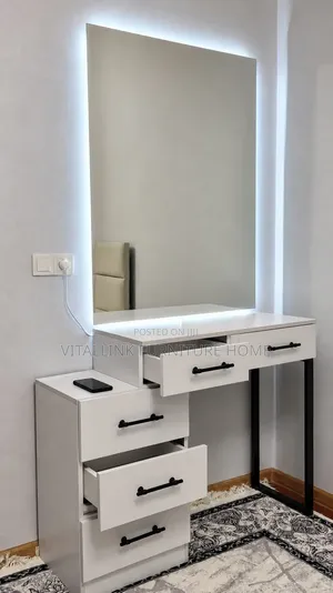 Modern White Vanity Desk With Large LED Mirror 5 Drawers