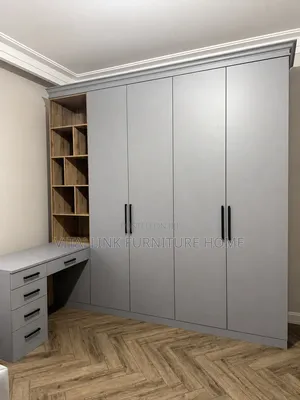 Custom Grey Wardrobe With Integrated Dressing Table Wood Shelves