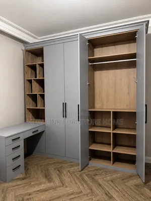 Custom Grey Wardrobe With Integrated Dressing Table Wood Shelves