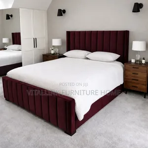 Luxury Burgundy Velvet Bed Frame With Channel Tufted Base