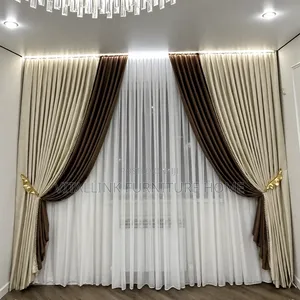 Luxury 3-Layer Curtain Set With LED Track Gold Tiebacks