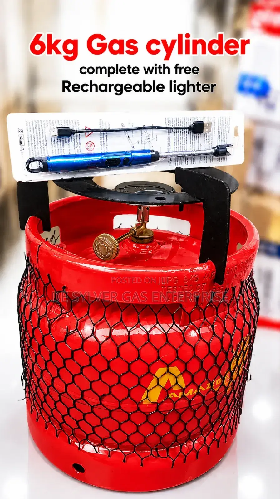 6kg Gas Cylinder Complete With Free Rechargeable Lighter